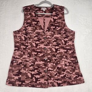 Denim & Company Women's Pink Camo Vest‎ Size Large Pockets Buttons